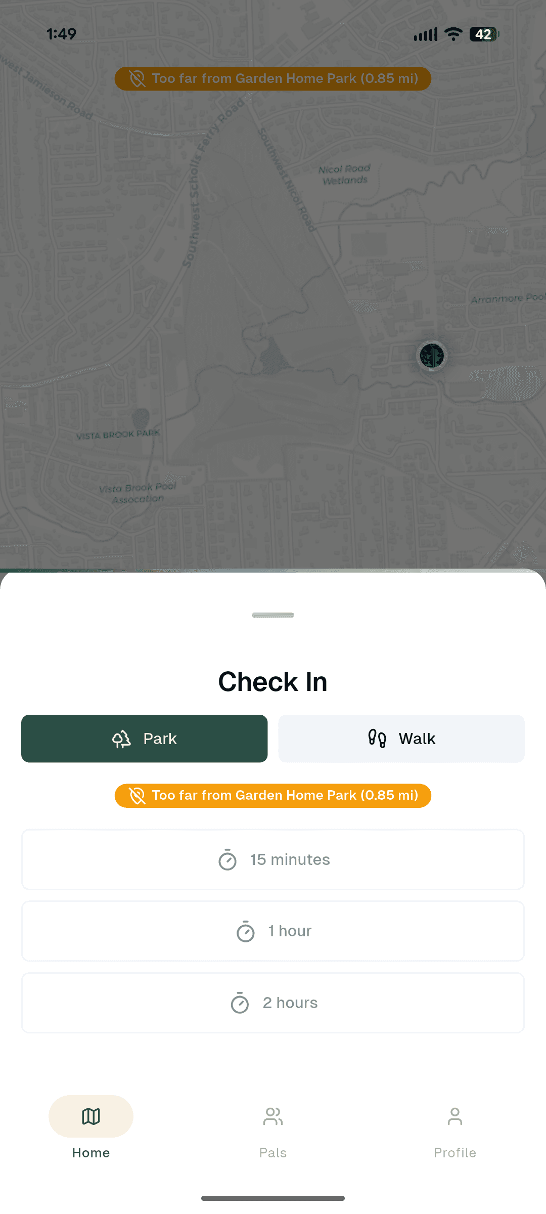 Check in screen with Park and Walk options