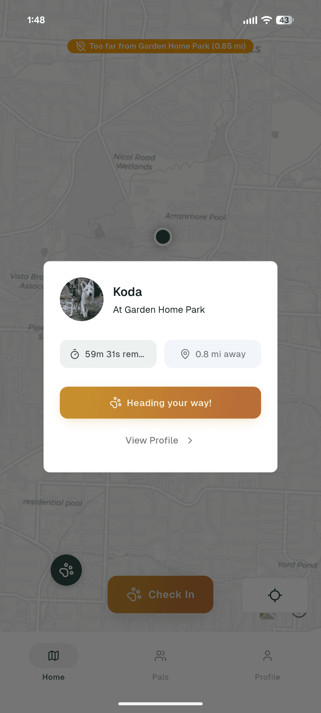 Koda's profile card showing Heading Your Way button