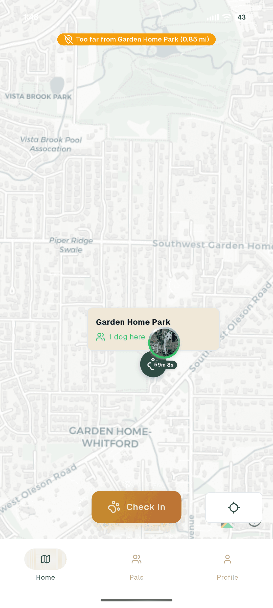 Puppy Pals app showing park map with dogs checked in