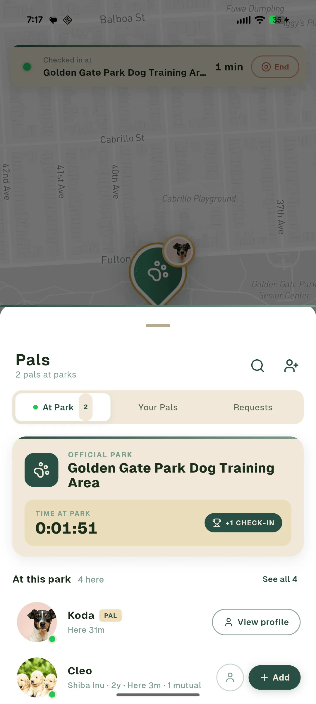 At Park list showing every dog checked in right now