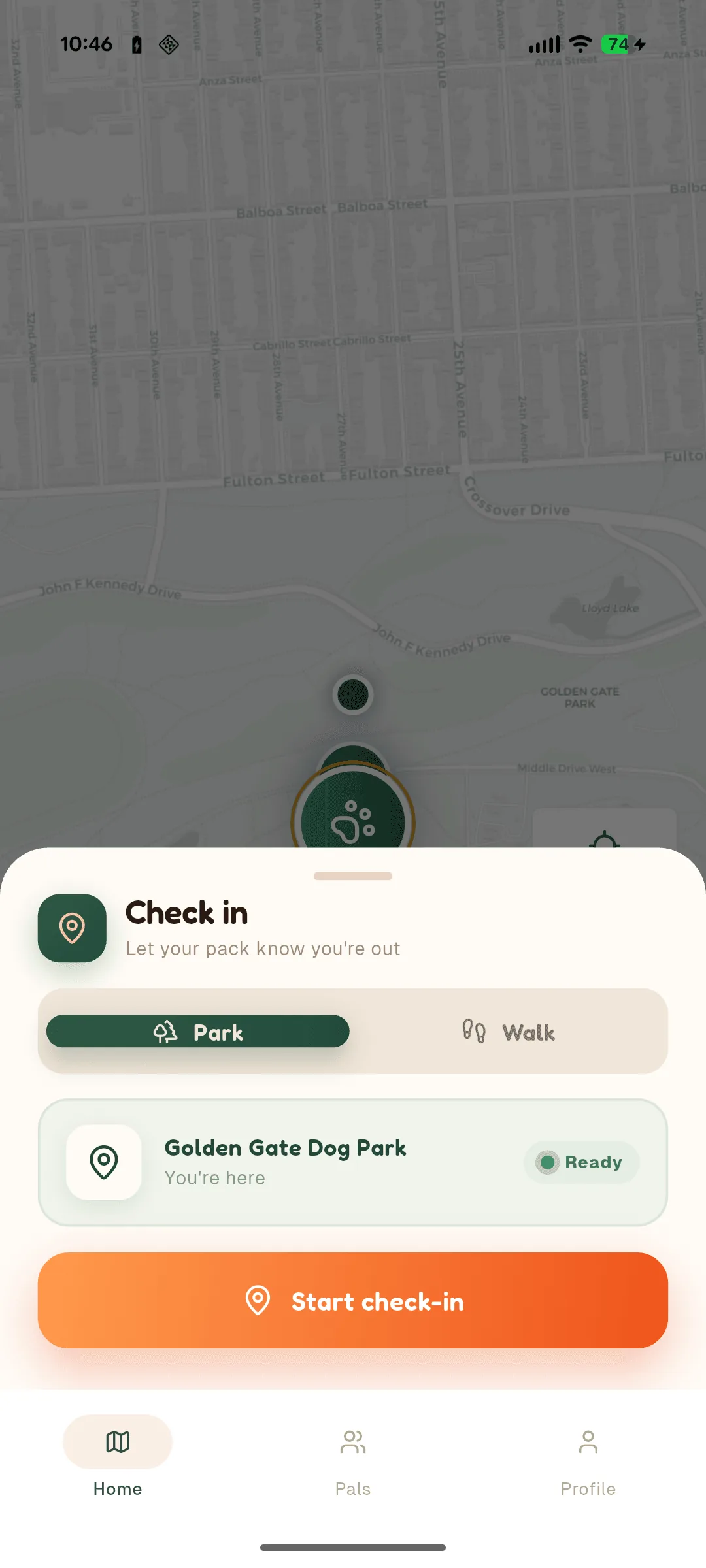 Check-in sheet with the Park and Walk toggle