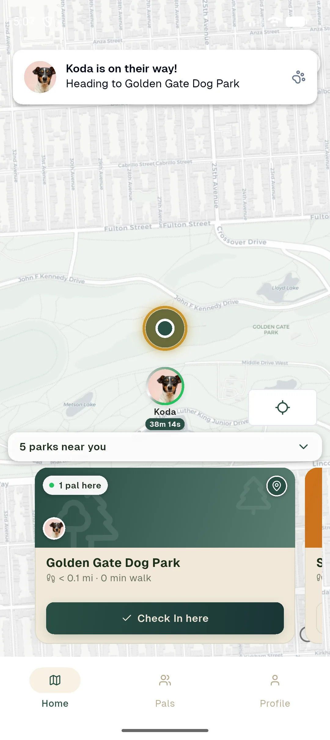 Heading Your Way notification banner sliding in over the map