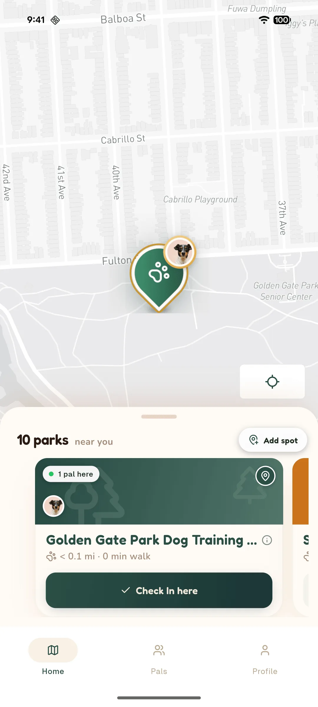 Puppy Pals home map with the parks carousel open and a live occupancy badge