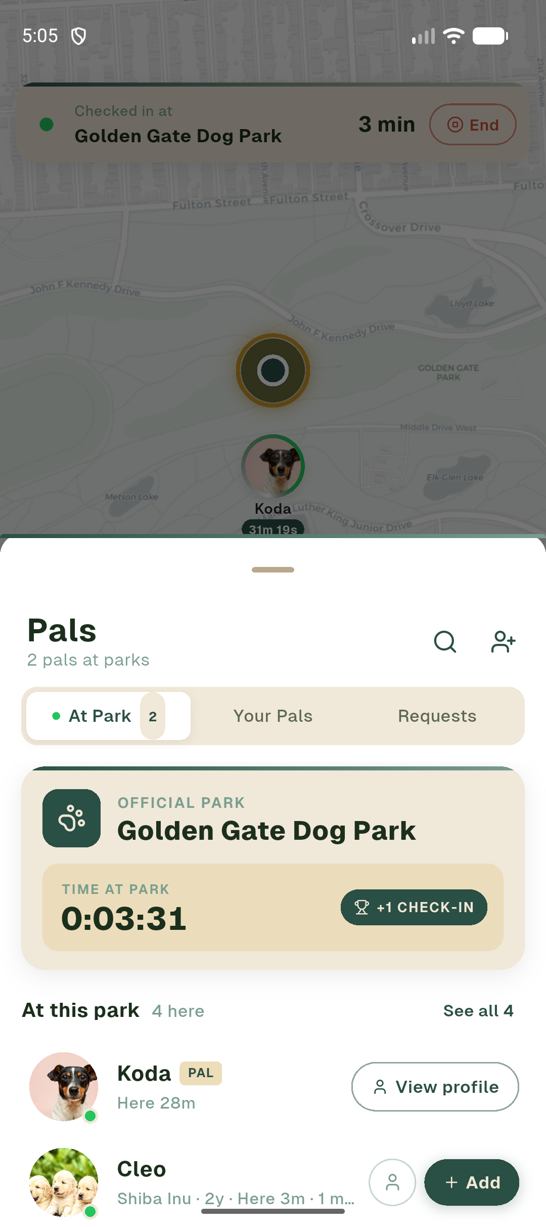 Pals sheet open to the At Park tab — park hero card with a live time-at-park counter, plus three rows: a pal with a PAL badge, a stranger with a +Add button, and a stranger in a Sent state.