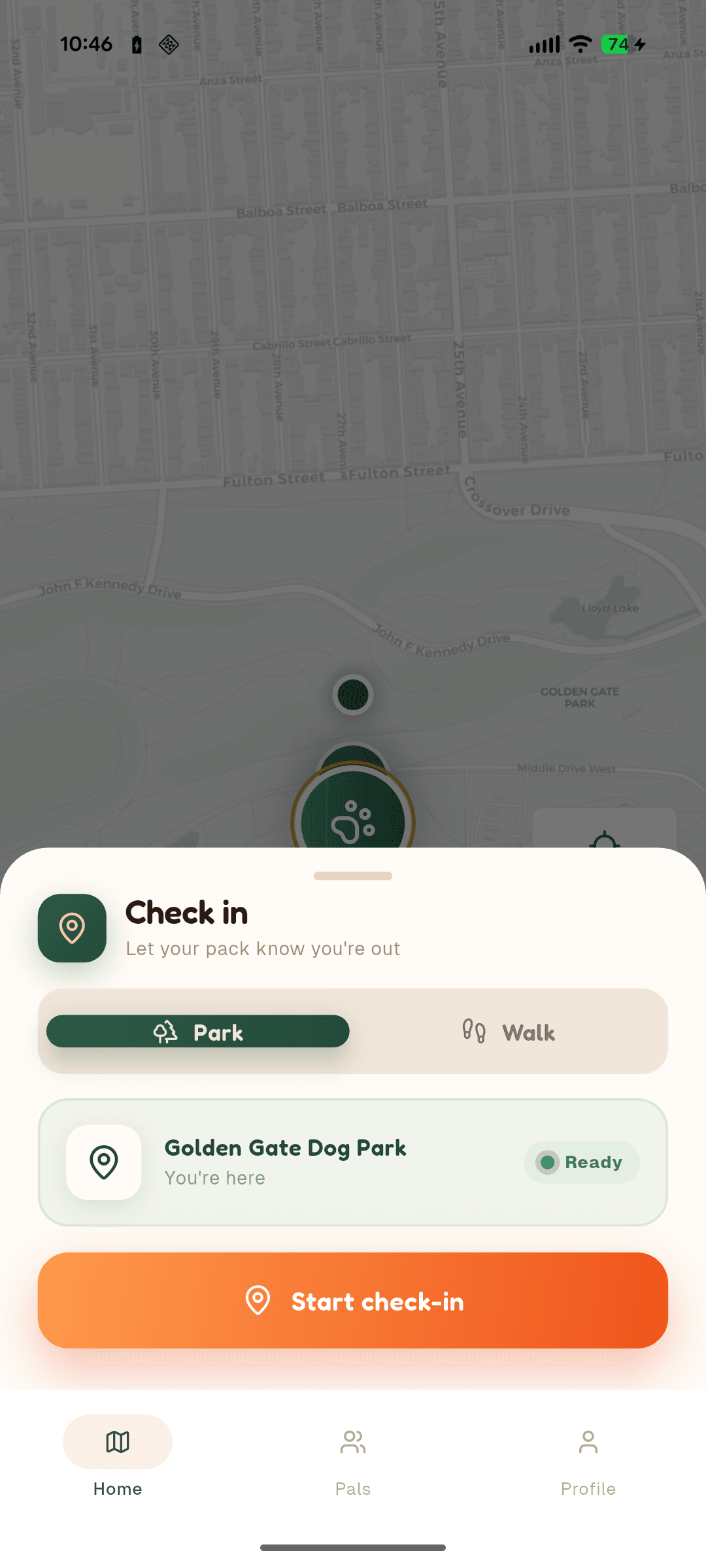 Check-in sheet over the map with a Park/Walk toggle set to Park, Golden Gate Dog Park detected as 'You're here' with a Ready badge, and an orange Start check-in button.