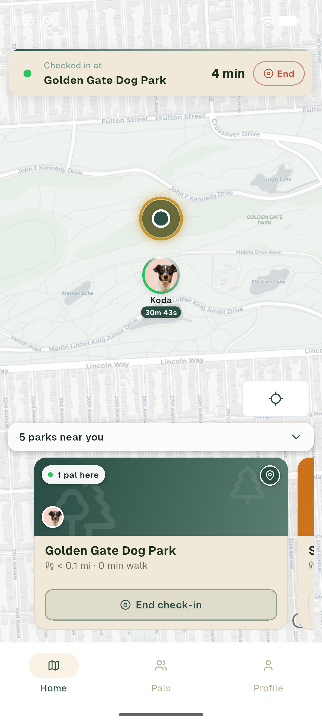 Persistent cream pill banner at the top of the home view reading 'Checked in at [park] · 23 min' with a pulsing green live dot — visual proof you're sharing on purpose, right now.