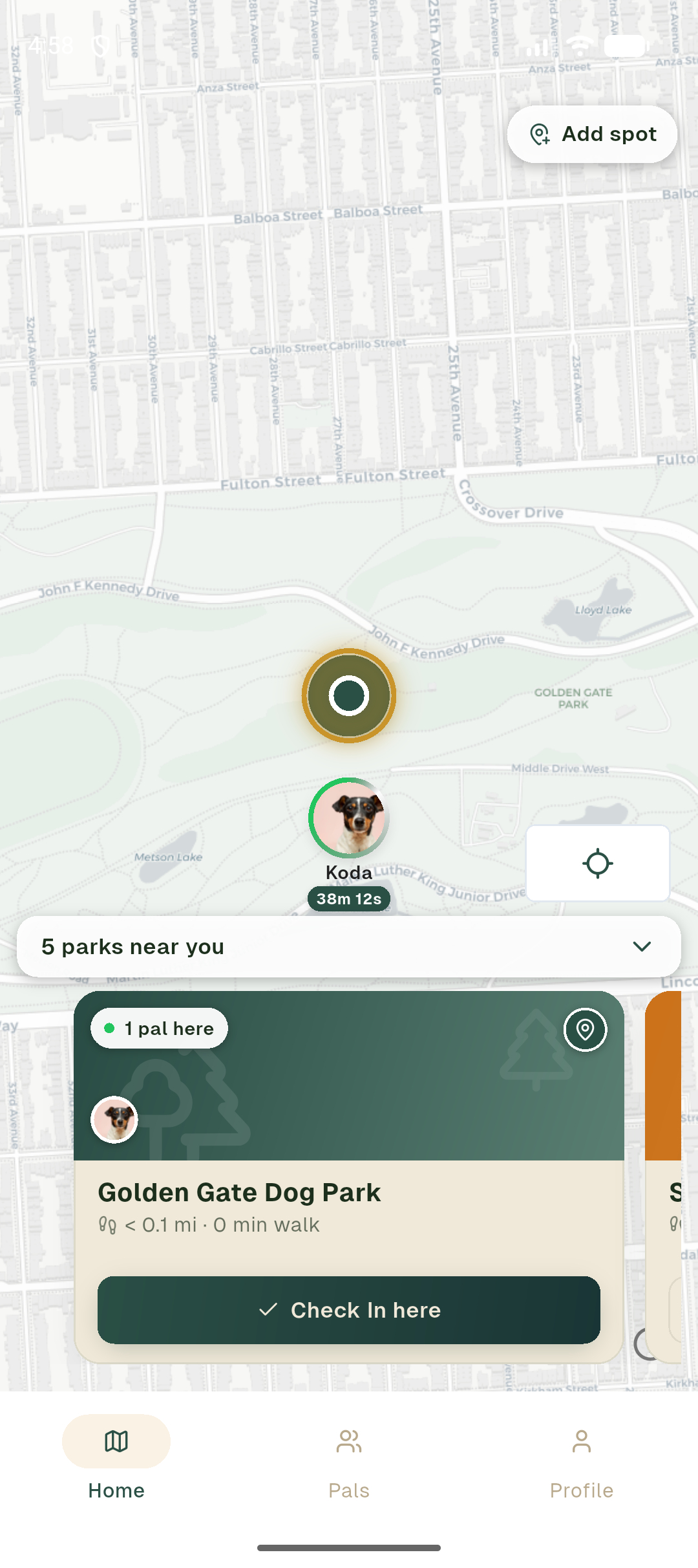 Park carousel on the home view with one card foregrounded, showing a hero image, two stacked pal avatars, a live occupancy count, and a check-in button.