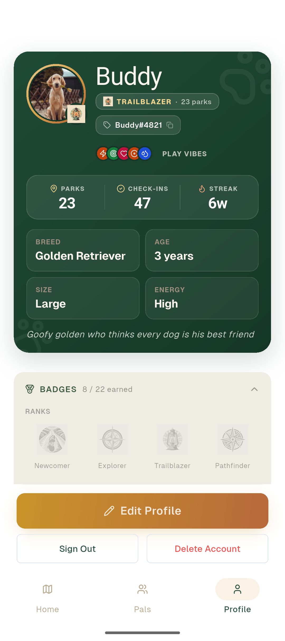Dog profile hero card with an 88dp avatar ringed in gold, a rank badge, dog name, Explorer rank pill, primary play-style tag, a 3-stat bar for parks, check-ins, and streak, and an absorbed About section with breed, age, size, energy and bio.